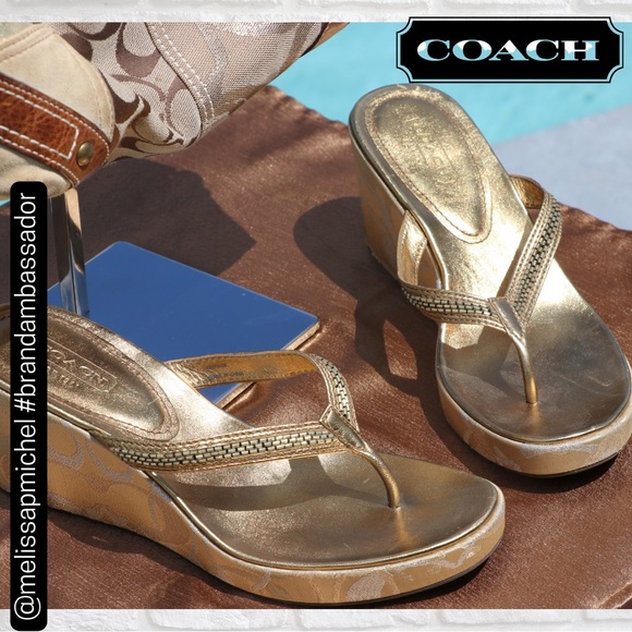 NWT Coach Vintage Women’s Lannie Leather Gold Metallic Cork Wedge Thong … - Picture 4 of 6